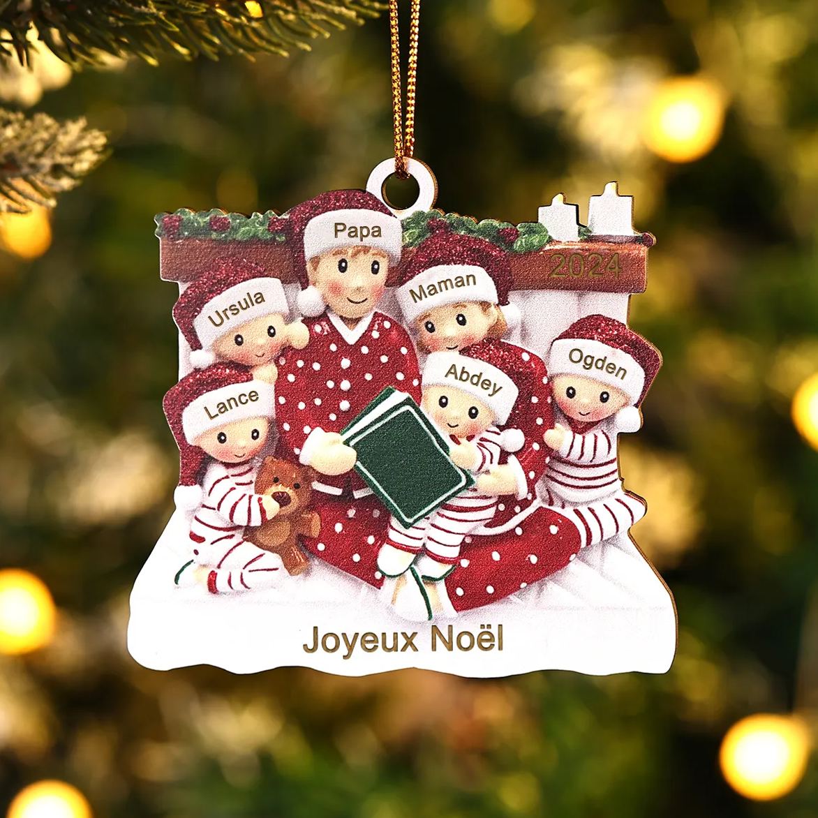 Décoration Sapin Noël en bois la famille en pyjama 6 Prénoms Personnalisés avec Texte et années Cadeau pour Famille | Jessemade