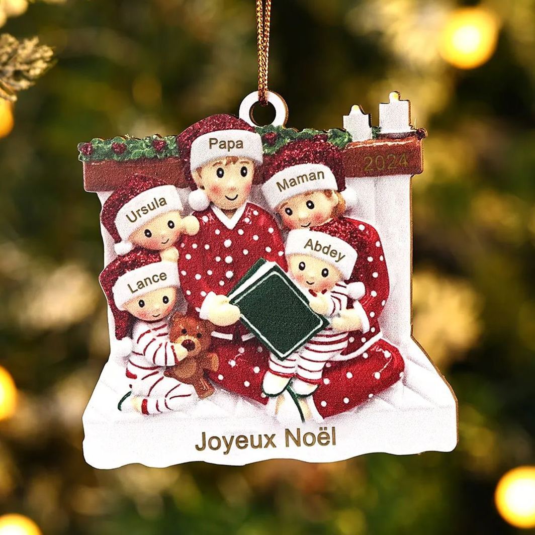 Décoration Sapin Noël en bois la famille en pyjama 5 Prénoms Personnalisés avec Texte et années Cadeau pour Famille | Jessemade