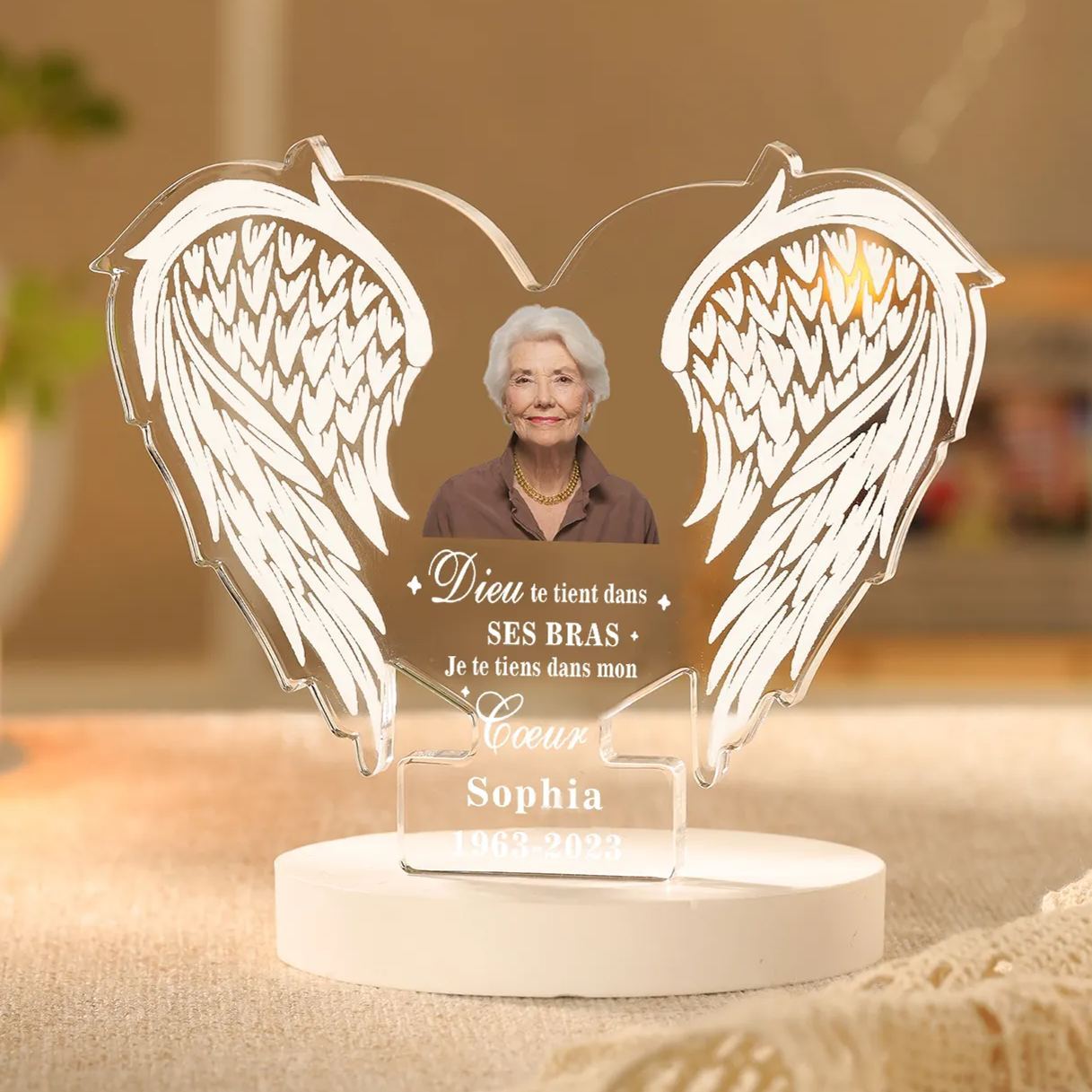 Lampe de chevet en forme de Aile LED Lumières 1 Prénom personnalisé avec photo et date Cadeau Commémoratif pour mamie ou papi | Jessemade