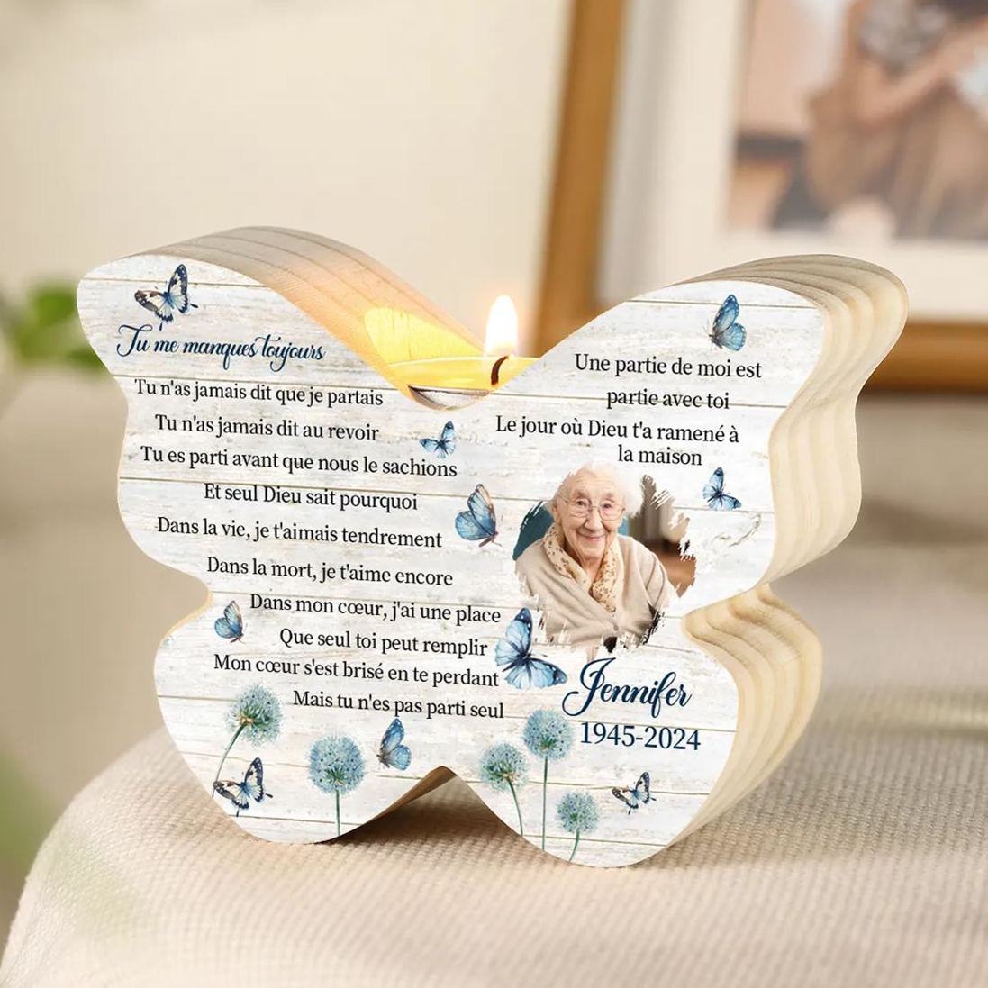 À Mamie ou Papi Bougeoir en Bois comméroratif papillon bleu 1 Photo Personnalisé Cadeau pour mamie papi sans bougie | Jessemade