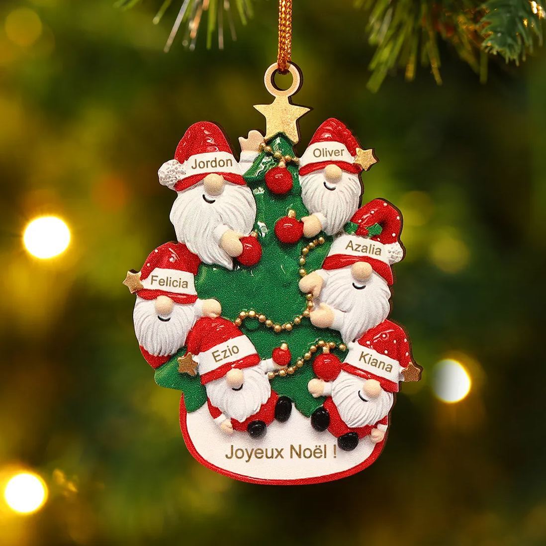Décoration Sapin Noël en bois Gnomes et Sapin 6 Prénoms Personnalisés avec texte et date Ornement de Noël Cadeau pour famille | Jessemade