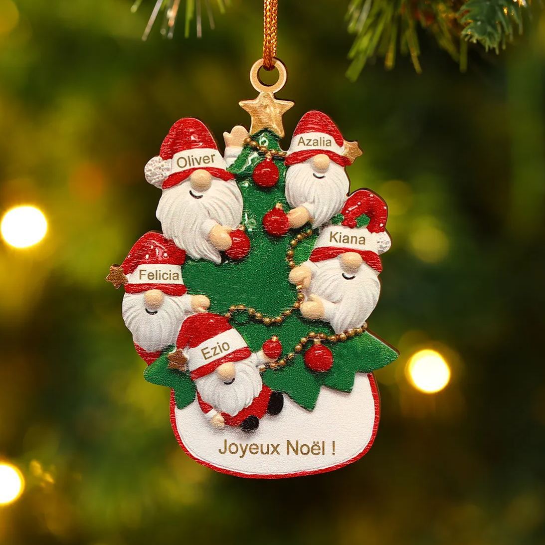 Décoration Sapin Noël en bois Gnomes et Sapin 5 Prénoms Personnalisés avec texte et date Ornement de Noël Cadeau pour famille | Jessemade