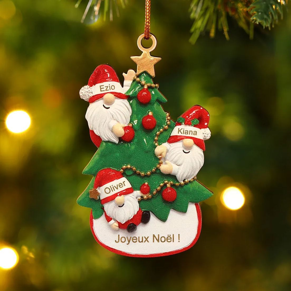 Décoration Sapin Noël en bois Gnomes et Sapin 3 Prénoms Personnalisés avec texte et date Ornement de Noël Cadeau pour famille | Jessemade