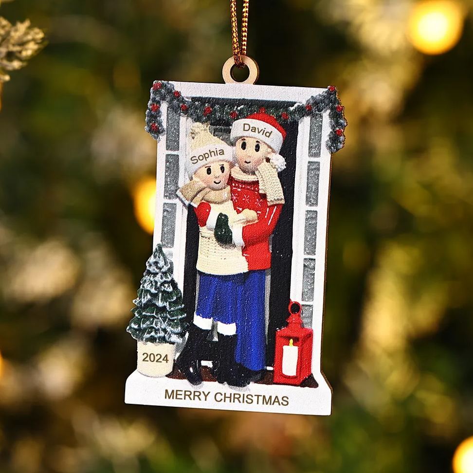 Décoration Sapin Noël en bois sla famille avant la porte 2 Prénoms Personnalisés avec texte et date Ornement de Noël Cadeau pour famille | Jessemade