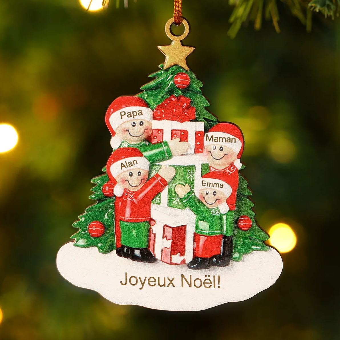 Décoration Sapin Noël en bois sapin et cadeau 4 Prénoms Personnalisés avec texte Ornement de Noël Cadeau pour famille | Jessemade