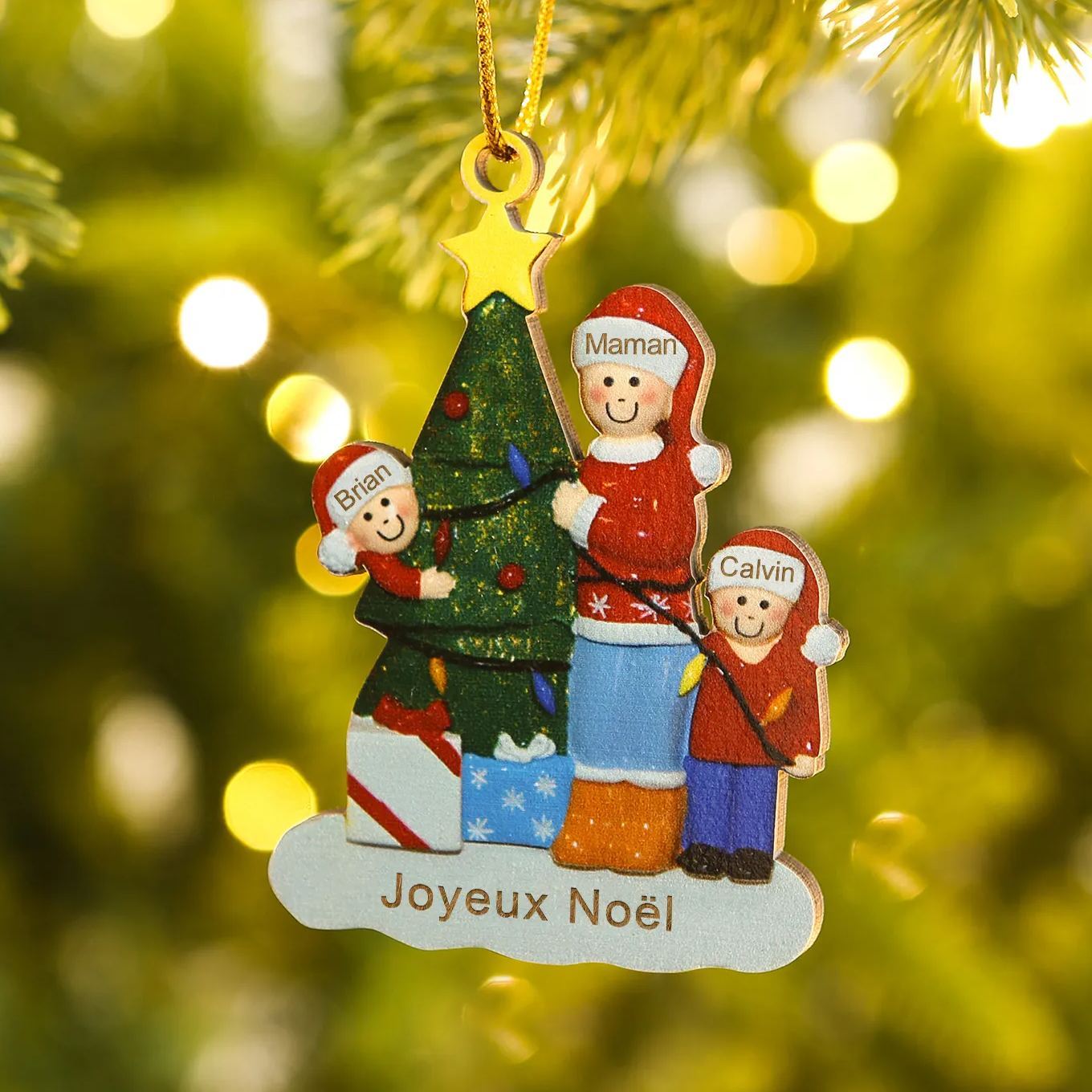 Décoration Sapin Noël en bois sapin maman et les enfants 3 Prénoms Personnalisés avec Texte Cadeau pour famille | Jessemade