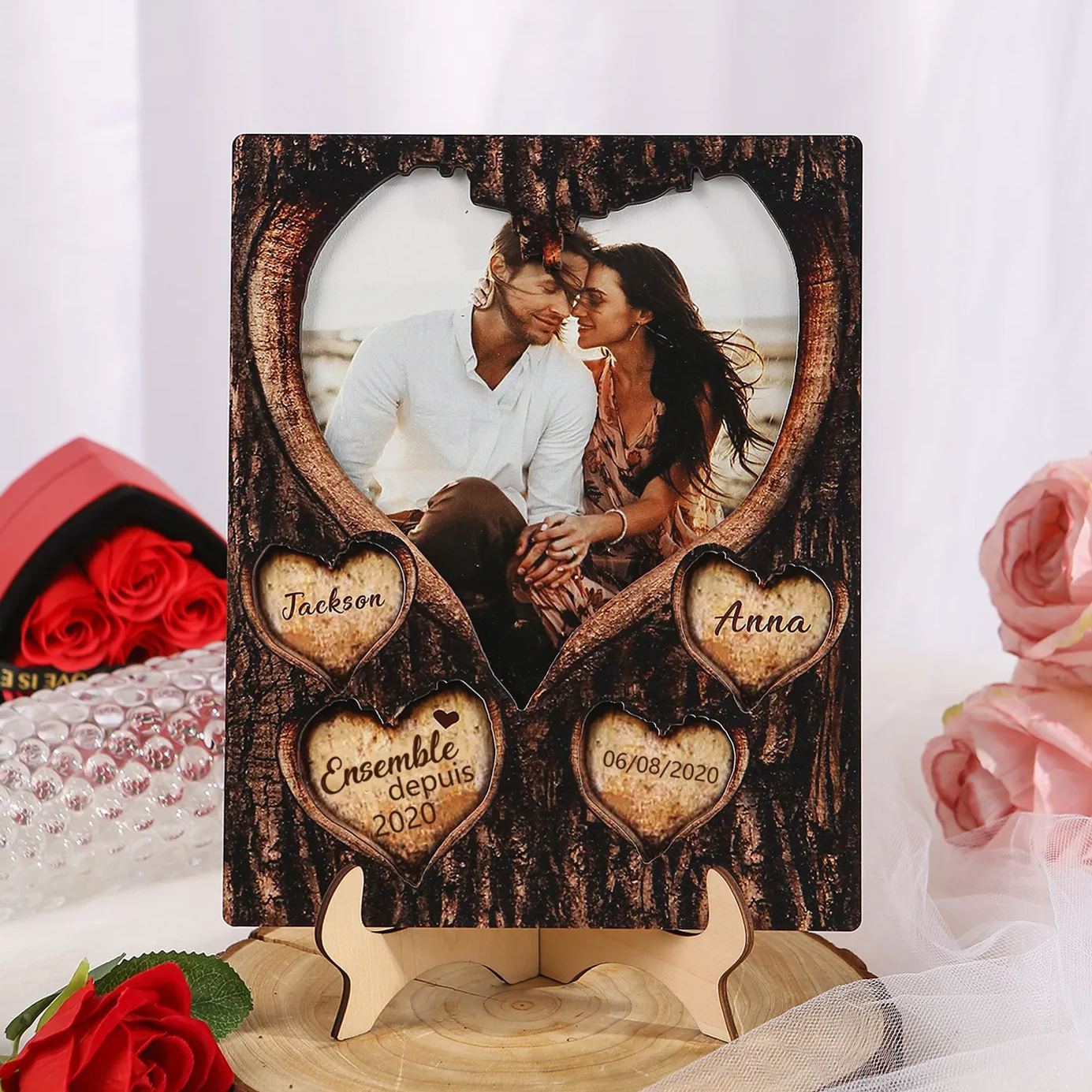 Décoration en bois en forme d’arbre 2 Prénoms personnalisés avec photo et date Cadeau pour couple saint-valentin | Jessemade