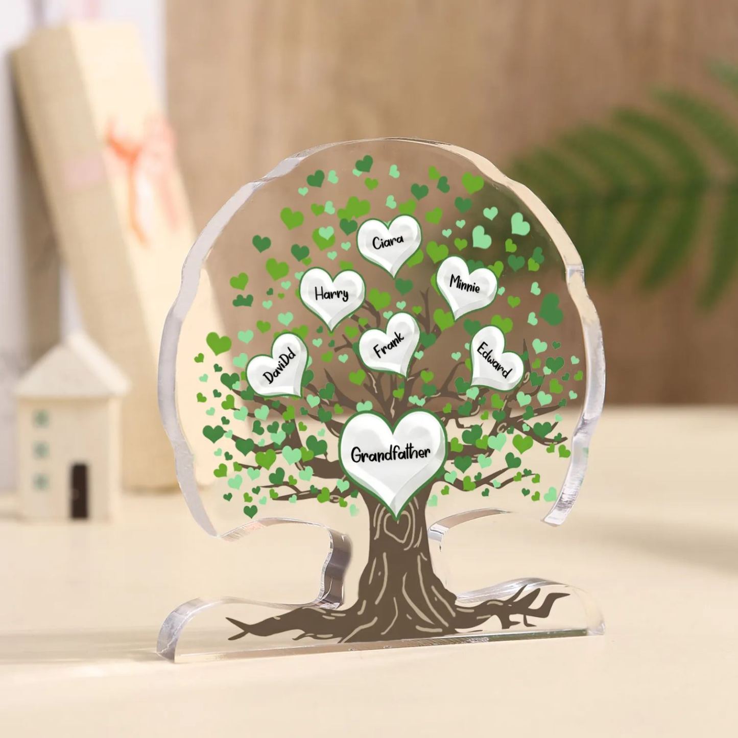 Plaque Acrylique en Forme d'Arbre de Vie Vert 3-7 Prénoms et Coeurs Personnalisés pour Famille | Jessemade