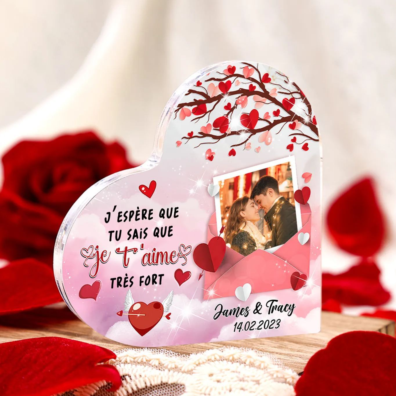 Plaque Acrylique en forme Cœur Personnalisé avec Photo 2 Prénoms et Date Cadeau pour Couple | Jessemade
