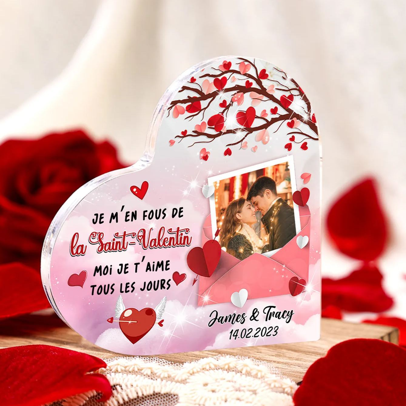 Plaque Acrylique Cœur Personnalisé  avec 2 Prénoms 1 Photo et Date Cadeau pour Couple | Jessemade