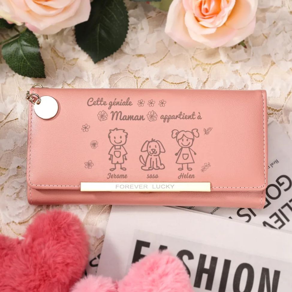 Portefeuille Personnalisé long en cuir PU avec 3 Dessins Enfant et 3 Prénoms Porte-monnaie pour Maman | Jessemade
