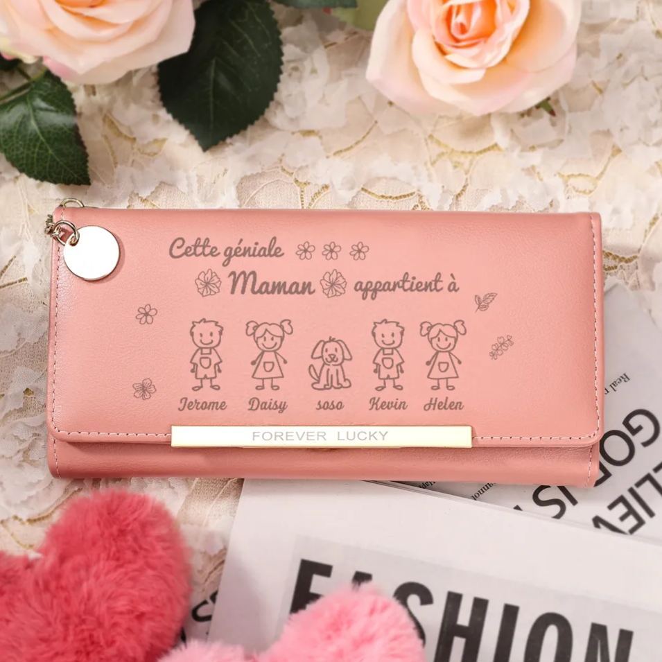 Portefeuille Personnalisé long en cuir PU avec 5 Dessins Enfant et 5 Prénoms Porte-monnaie pour Maman | Jessemade