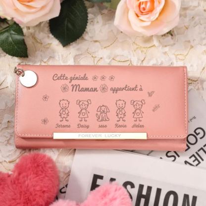 Portefeuille Personnalisé long en cuir PU avec 5 Dessins Enfant et 5 Prénoms Porte-monnaie pour Maman | Jessemade