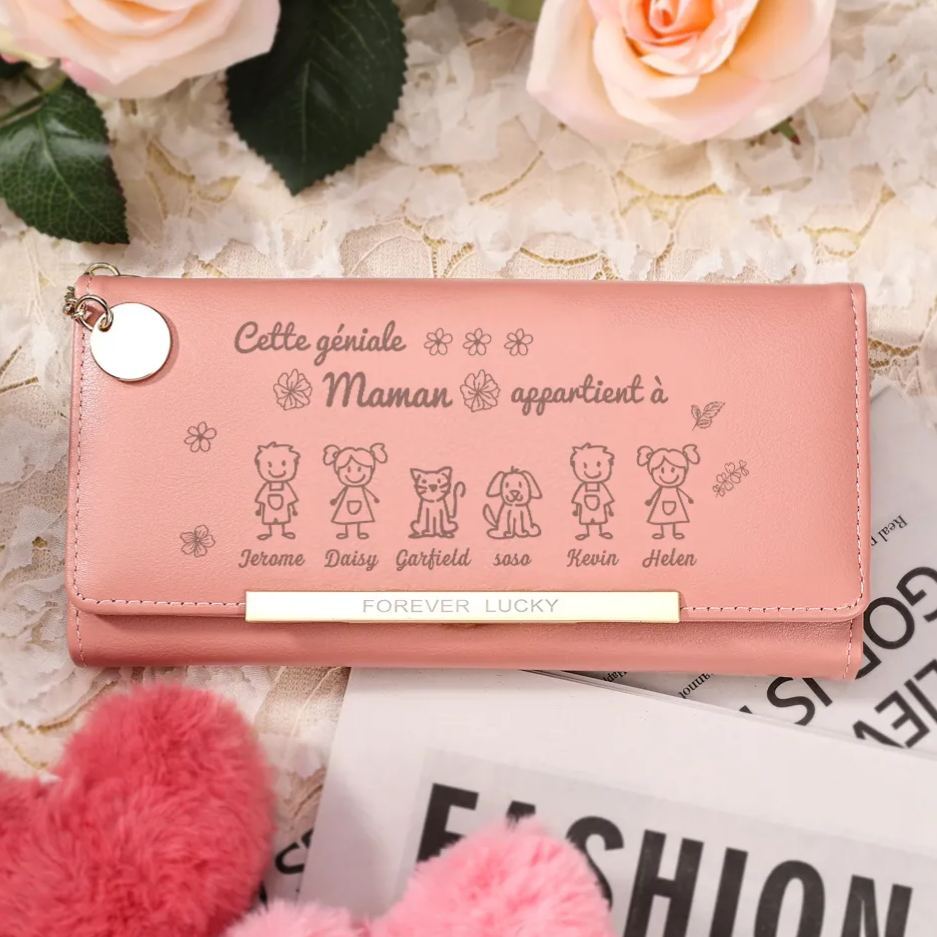 Portefeuille Personnalisé long en cuir PU avec 6 Dessins Enfant et 6 Prénoms Porte-monnaie pour Maman | Jessemade