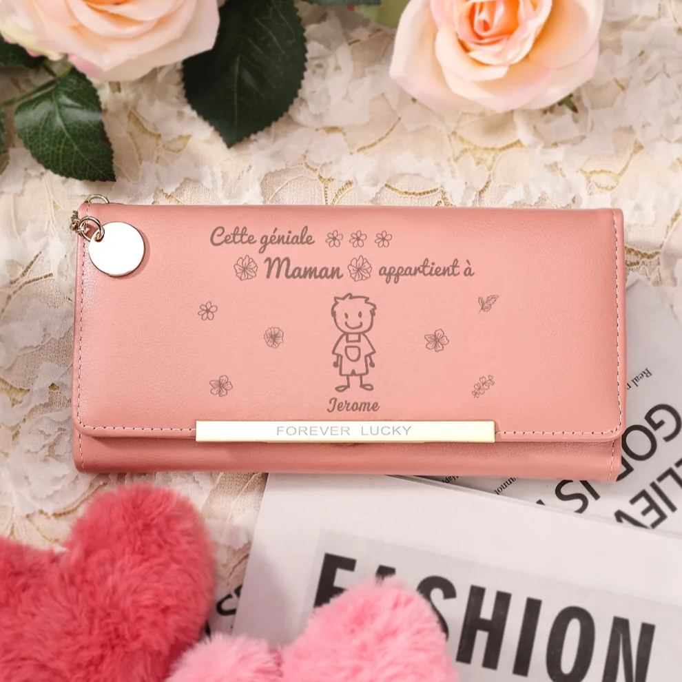 Portefeuille Personnalisé long en cuir PU avec 1 Dessin Enfant et 1 Prénom Porte-monnaie pour Maman | Jessemade