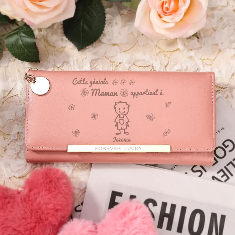 Portefeuille Personnalisé long en cuir PU avec 1 Dessin Enfant et 1 Prénom Porte-monnaie pour Maman | Jessemade