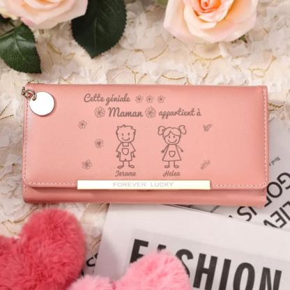 Portefeuille Personnalisé long en cuir PU avec 2 Dessins Enfant et 2 Prénoms Porte-monnaie pour Maman | Jessemade