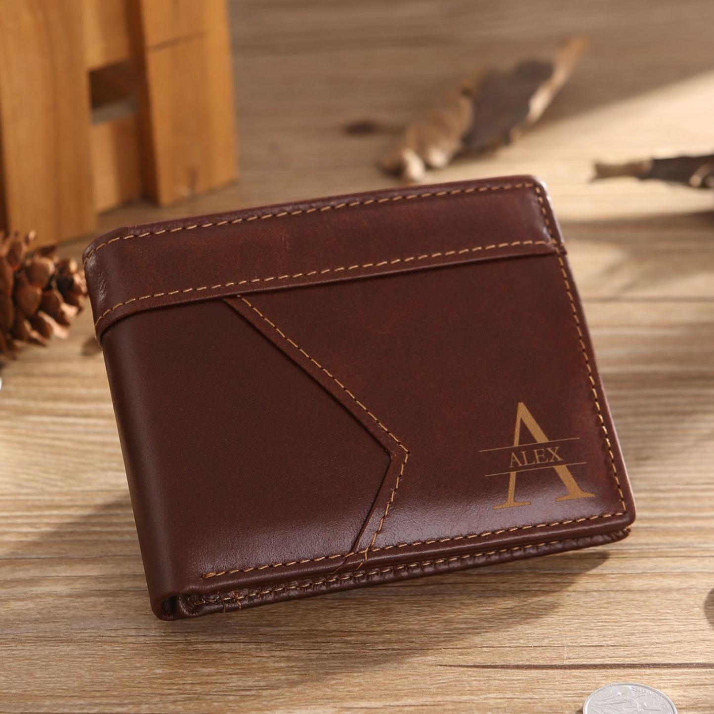 Portefeuille en Cuir Personnalisé avec 1 Prénom et 1 Initiale Cadeau Saint-Valentin pour Homme | Jessemade