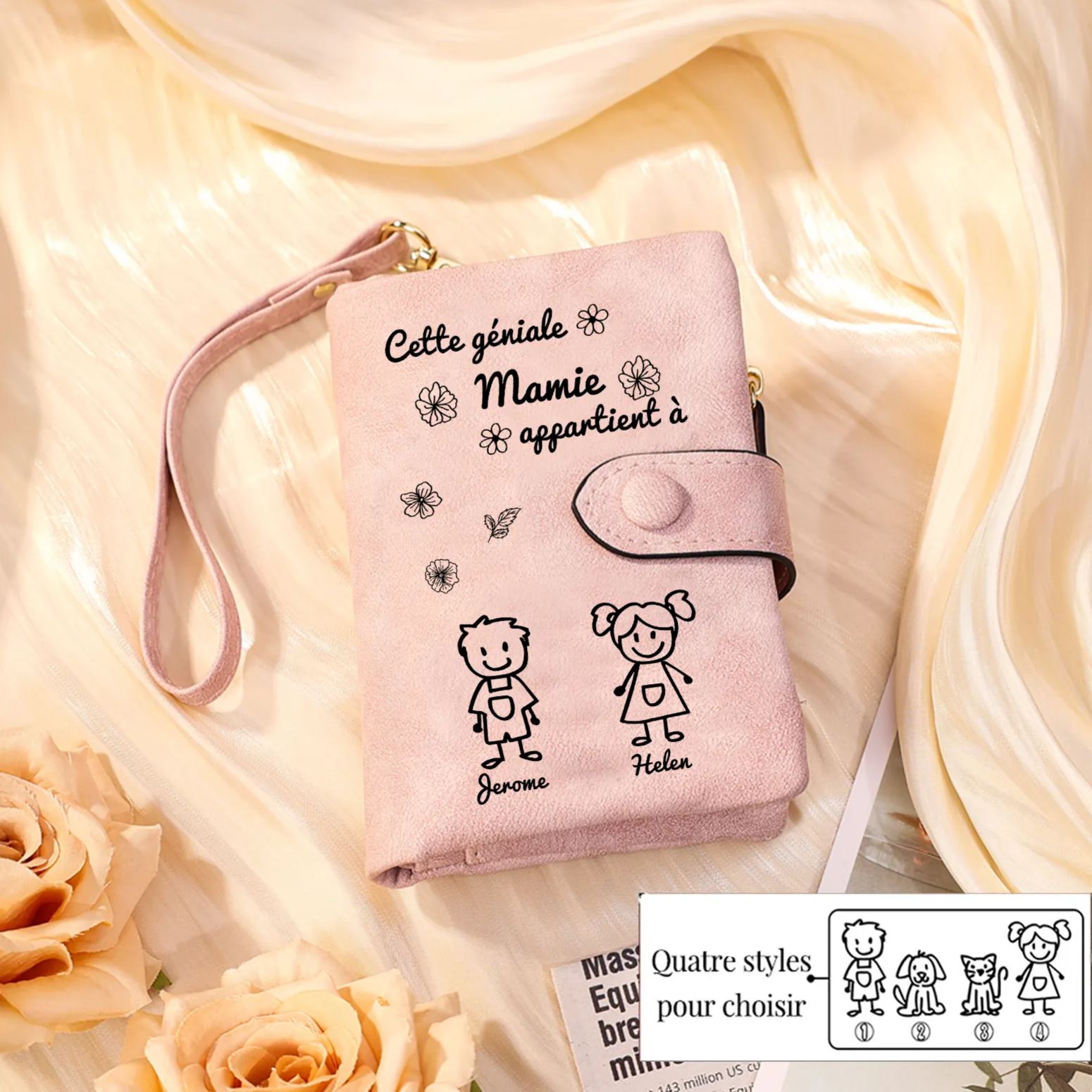 À Mamie Portefeuille Personnalisé avec 2 Prénoms Porte-Monnaie Carte Rose pour Mamie | Jessemade