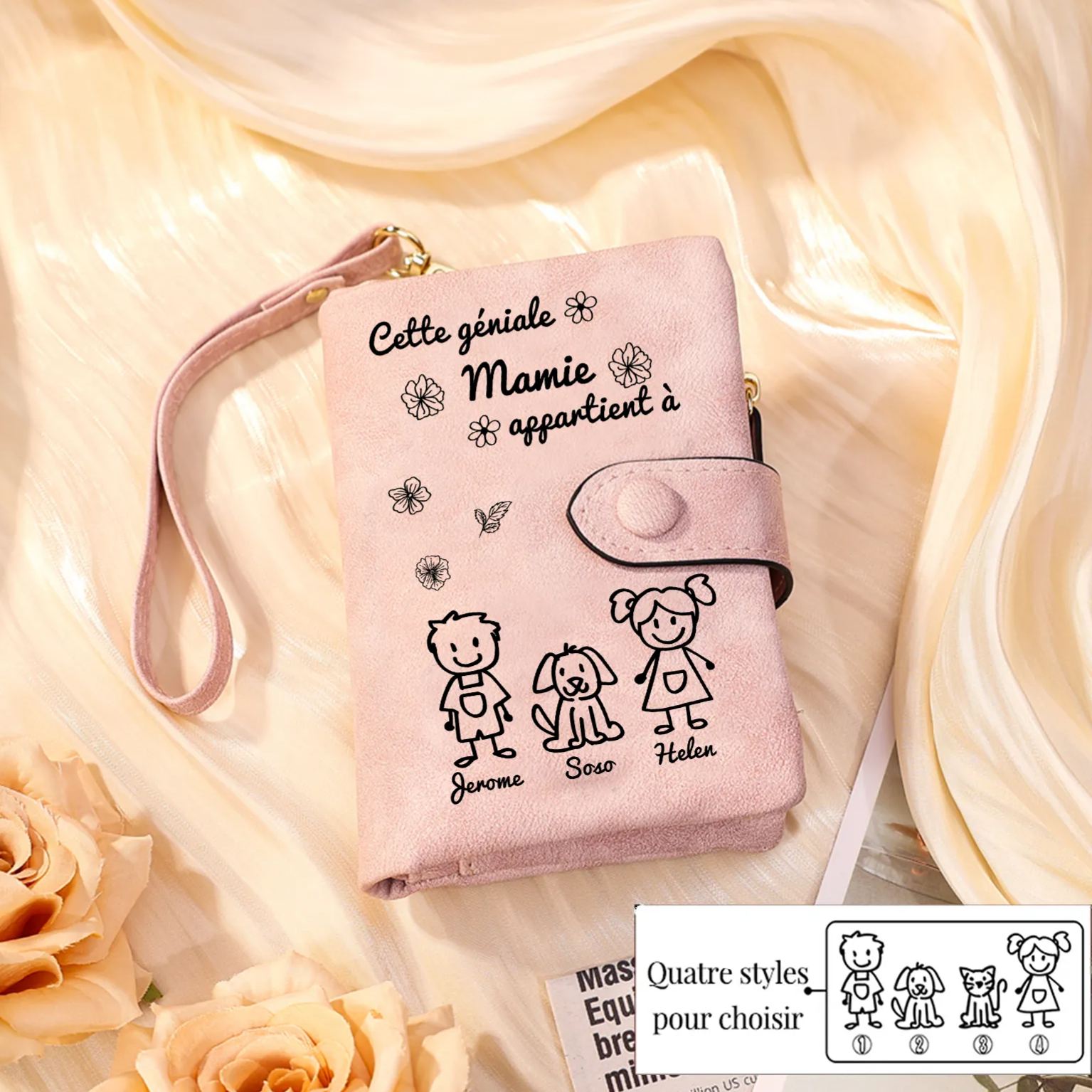 À Mamie Portefeuille Personnalisé avec 3 Prénoms Porte-Monnaie Carte Rose pour Mamie | Jessemade