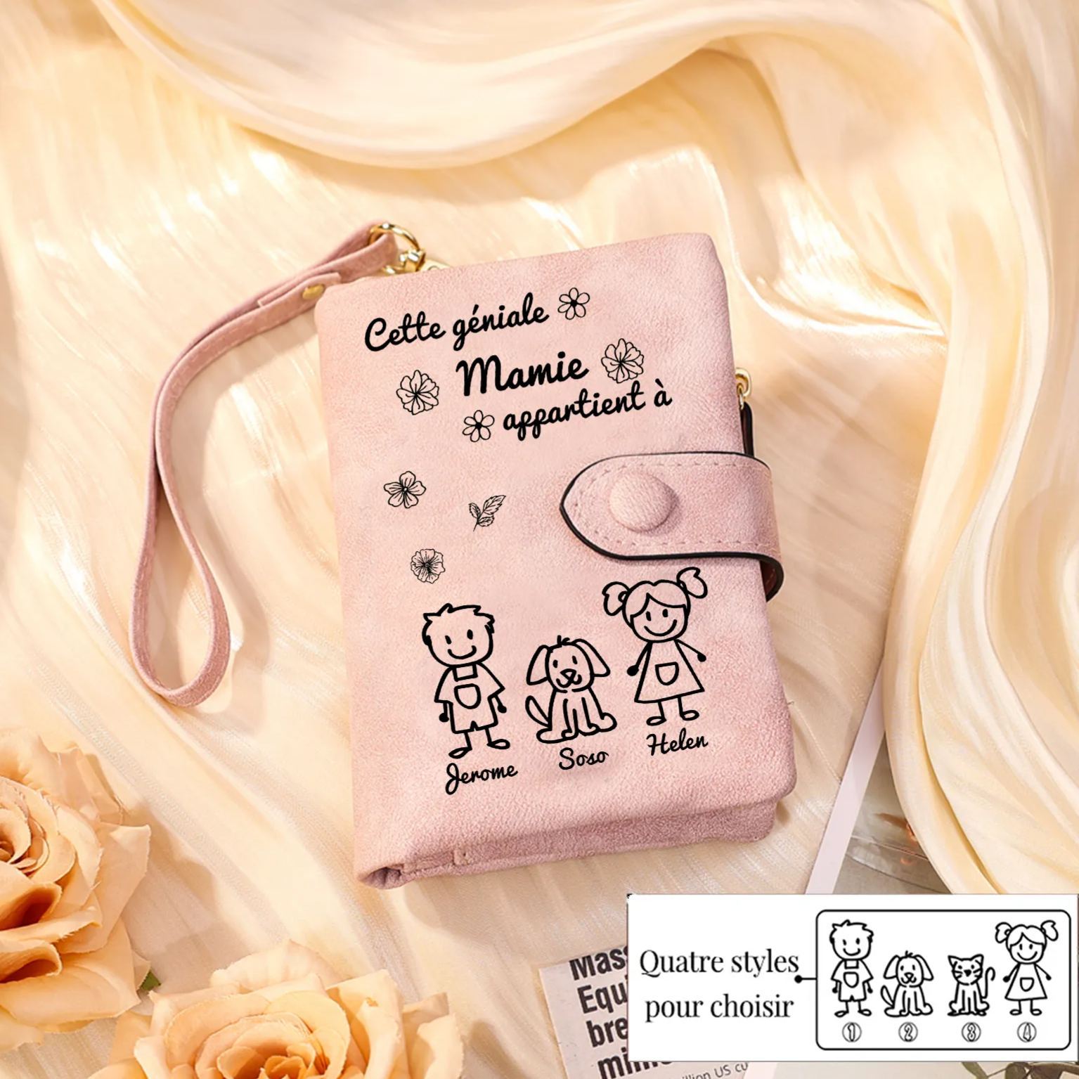 À Mamie Portefeuille Personnalisé avec 3 Prénoms Porte-Monnaie Carte Rose pour Mamie | Jessemade