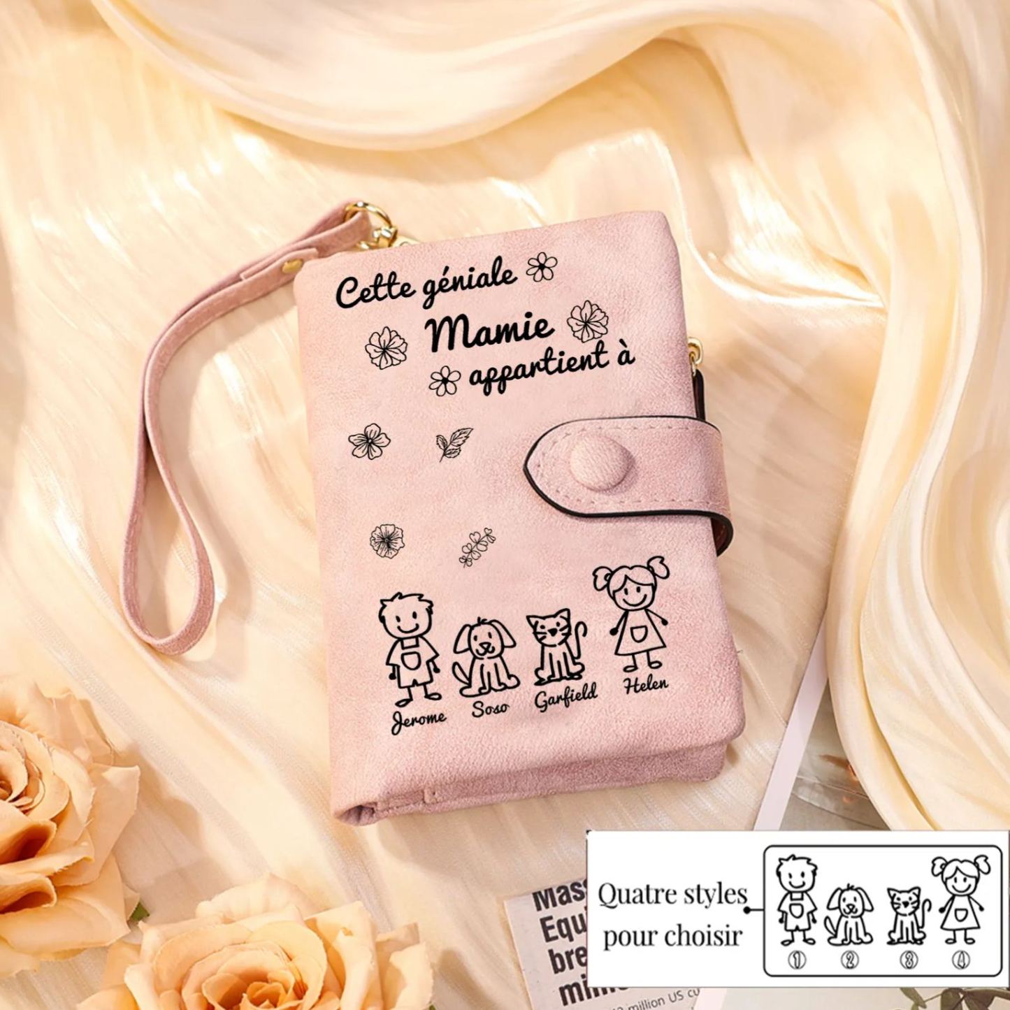 À Mamie Portefeuille Personnalisé avec 4 Prénoms Porte-Monnaie Carte Rose pour Mamie | Jessemade
