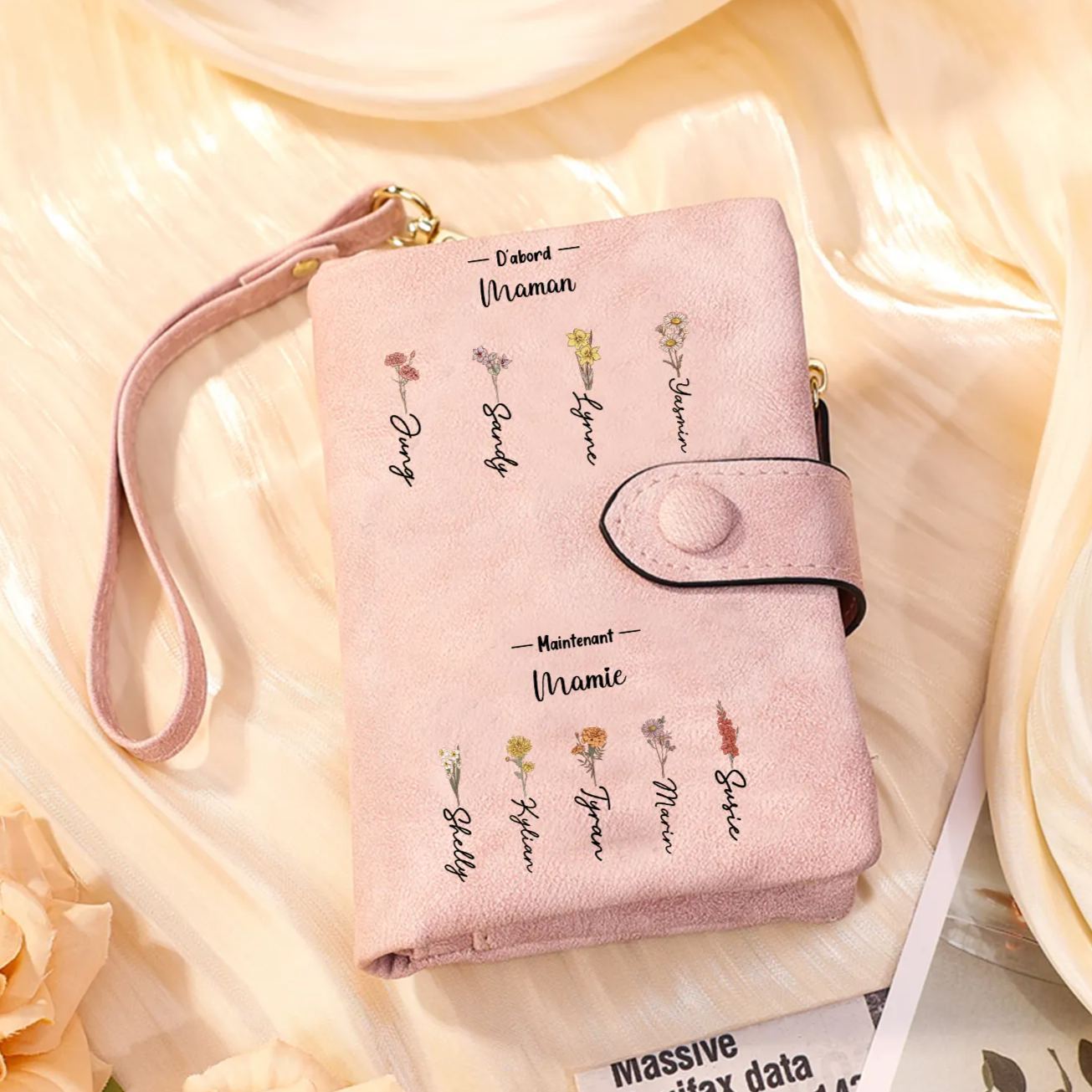 À Maman/Mamie-Portefeuille Fleur de naissance 2-12 Prénoms Personnalisés pour Femmes | Jessemade