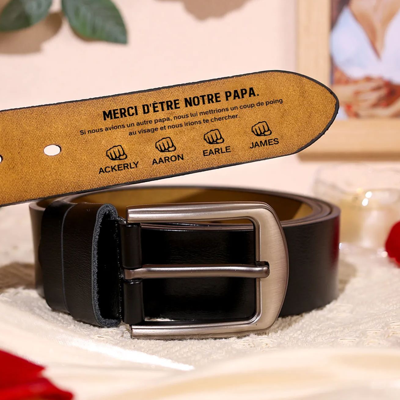 À mon Papa - Ceinture Poing en Cuir Personnalisé avec 5 Prénoms 'Merci d'être mon papa' Cadeau pour Homme | Jessemade