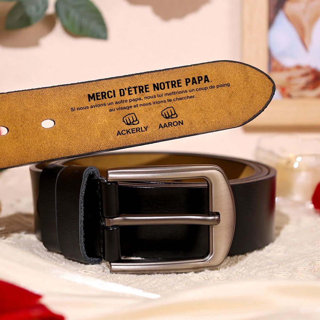 À mon Papa - Ceinture Poing en Cuir Personnalisé avec 3 Prénoms 'Merci d'être mon papa' Cadeau pour Homme | Jessemade