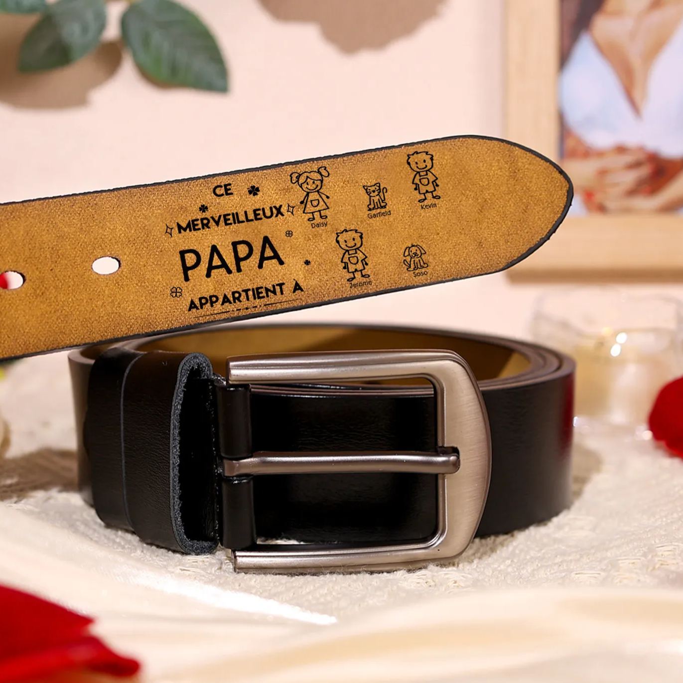 À mon Papa - Ceinture en Cuir Personnalisé avec 5 Prénoms et 5 Dessins Enfant Cadeau pour Homme | Jessemade