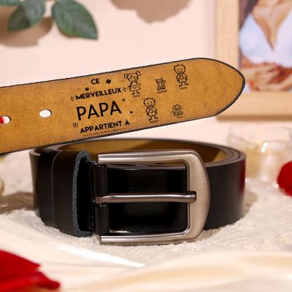 À mon Papa - Ceinture en Cuir Personnalisé avec 5 Prénoms et 5 Dessins Enfant Cadeau pour Homme | Jessemade