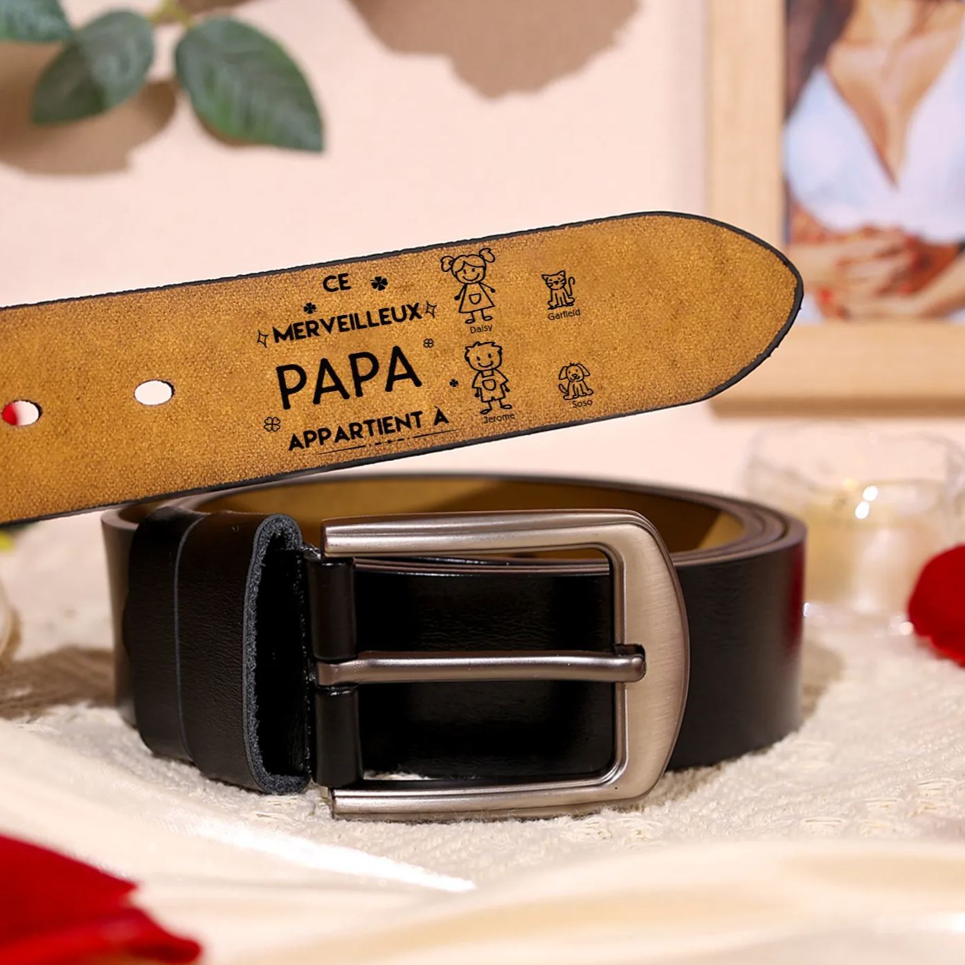 À mon Papa - Ceinture en Cuir Personnalisé avec 4 Prénoms et 4 Dessins Enfant Cadeau pour Homme | Jessemade