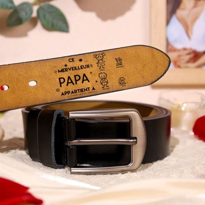 À mon Papa - Ceinture en Cuir Personnalisé avec 4 Prénoms et 4 Dessins Enfant Cadeau pour Homme | Jessemade