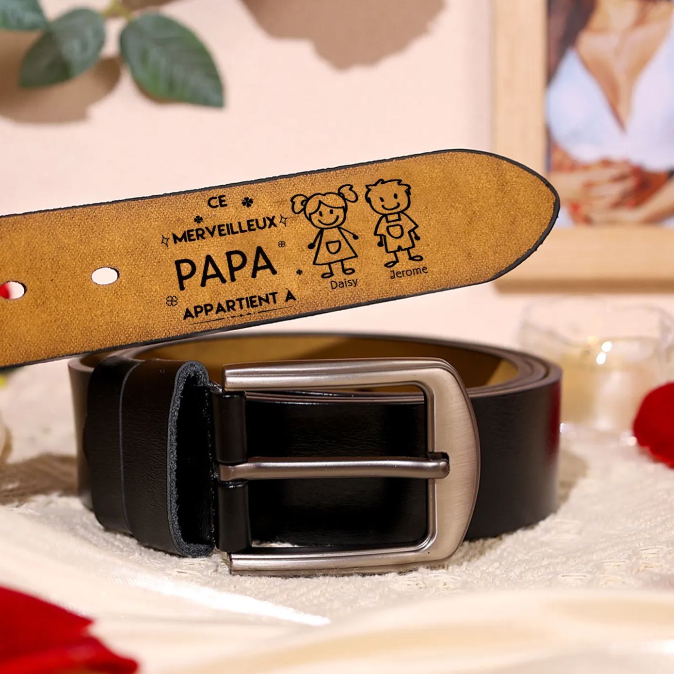 À mon Papa - Ceinture en Cuir Personnalisé avec 2 Prénoms et 2 Dessins Enfant Cadeau pour Homme | Jessemade