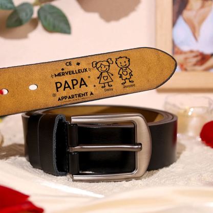 À mon Papa - Ceinture en Cuir Personnalisé avec 2 Prénoms et 2 Dessins Enfant Cadeau pour Homme | Jessemade