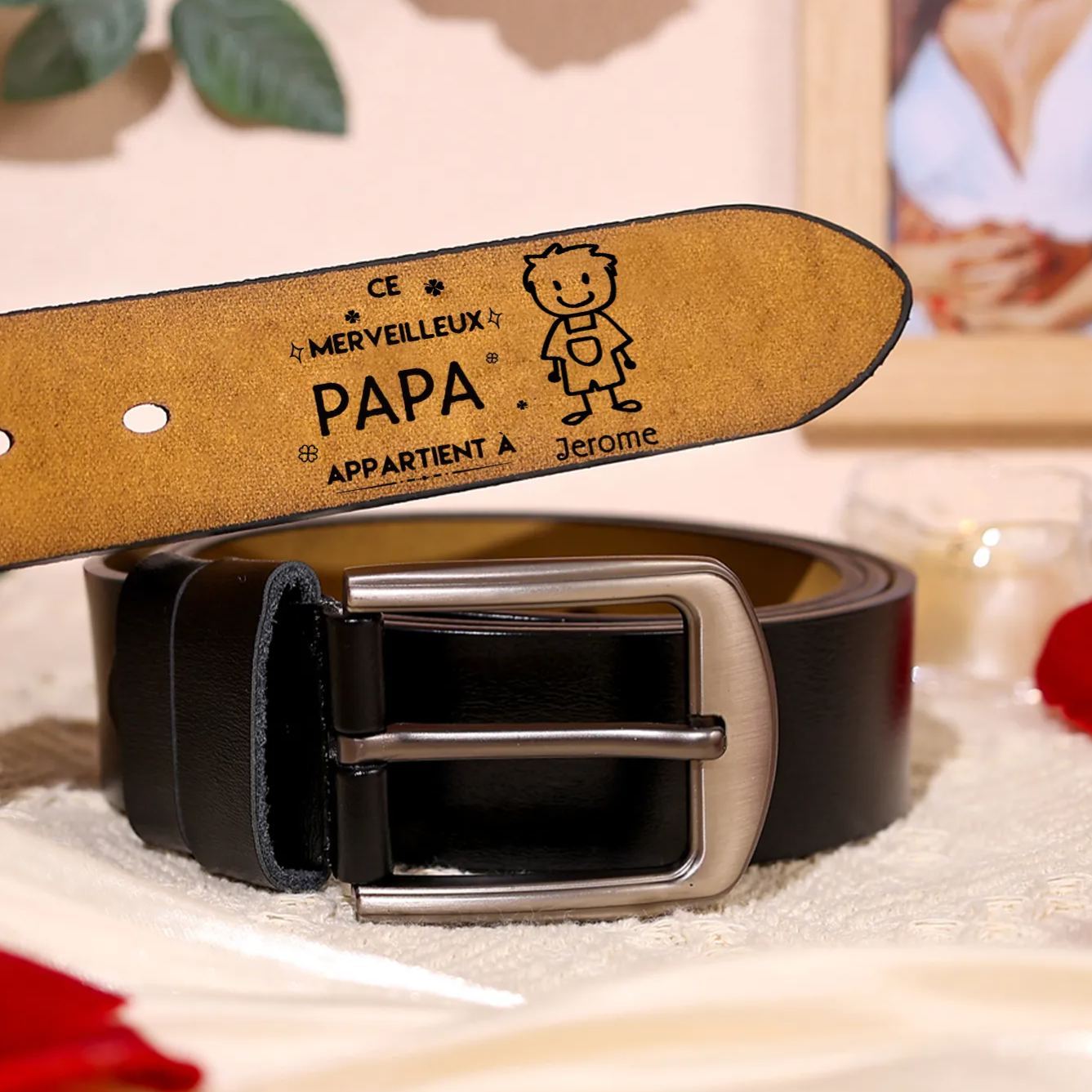 À mon Papa - Ceinture en Cuir Personnalisé avec 1 Prénom et 1 Dessin Enfant Cadeau pour Homme | Jessemade