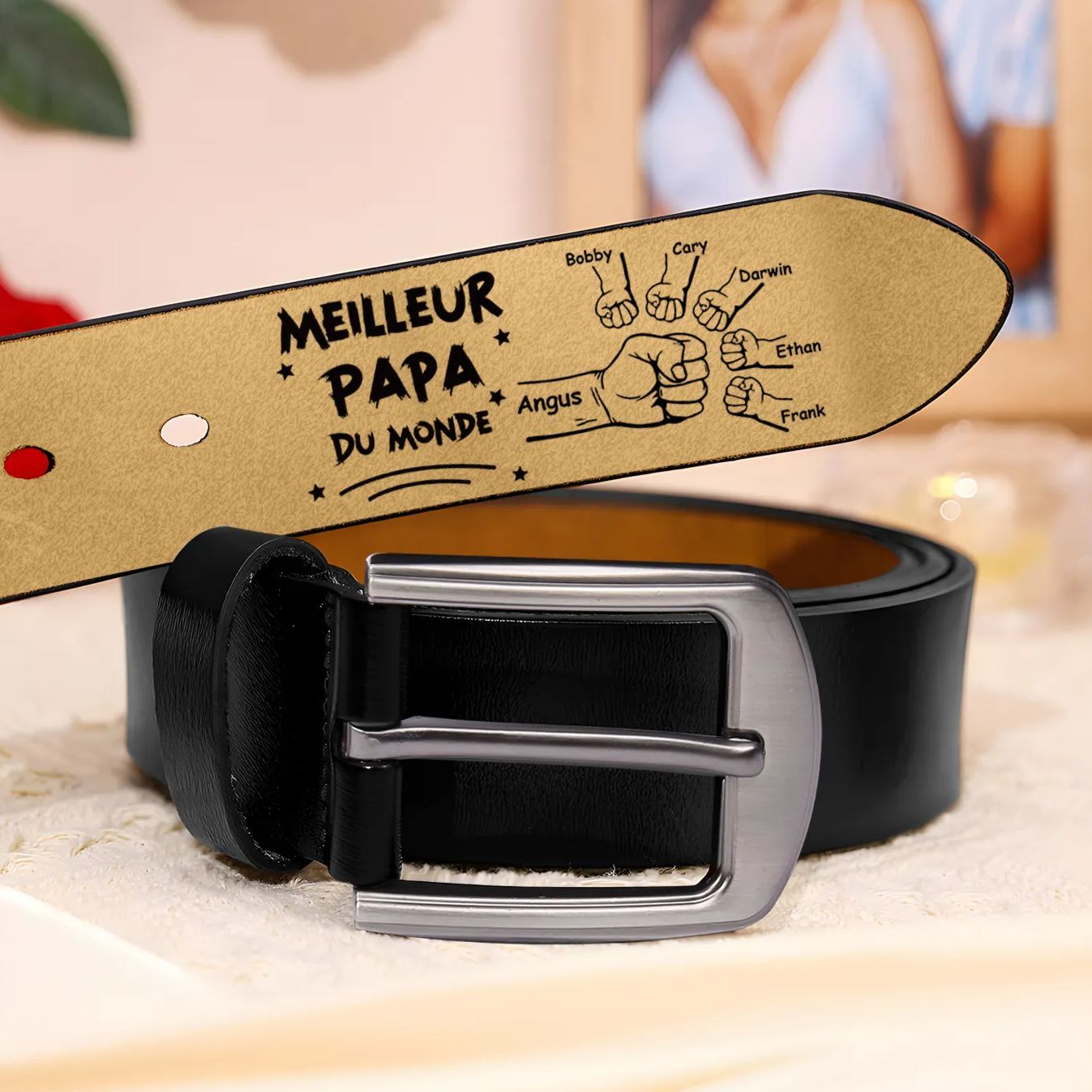 À mon Papa - Ceinture Poing en Cuir Personnalisé avec 6 Prénoms Meilleur Papa du Monde Cadeau pour Homme | Jessemade