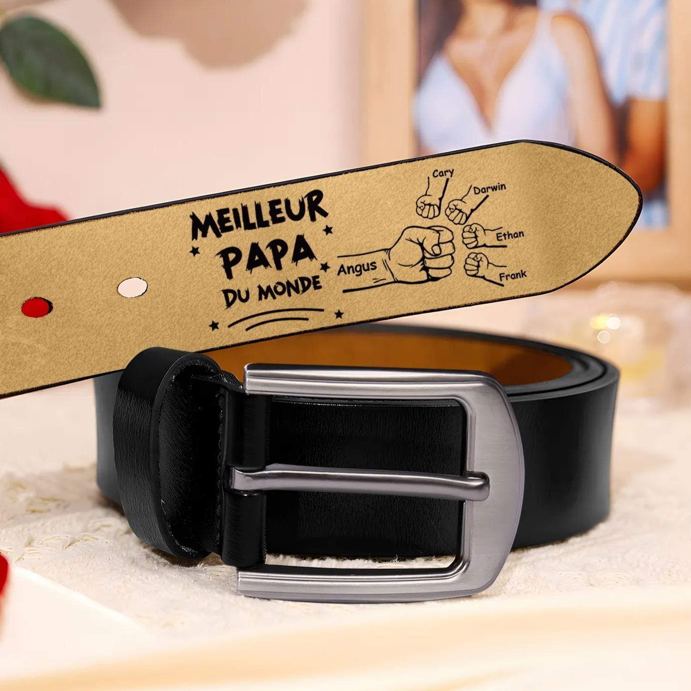 À mon Papa - Ceinture Poing en Cuir Personnalisé avec 5 Prénoms Meilleur Papa du Monde Cadeau pour Homme | Jessemade