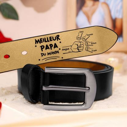 À mon Papa - Ceinture Poing en Cuir Personnalisé avec 5 Prénoms Meilleur Papa du Monde Cadeau pour Homme | Jessemade