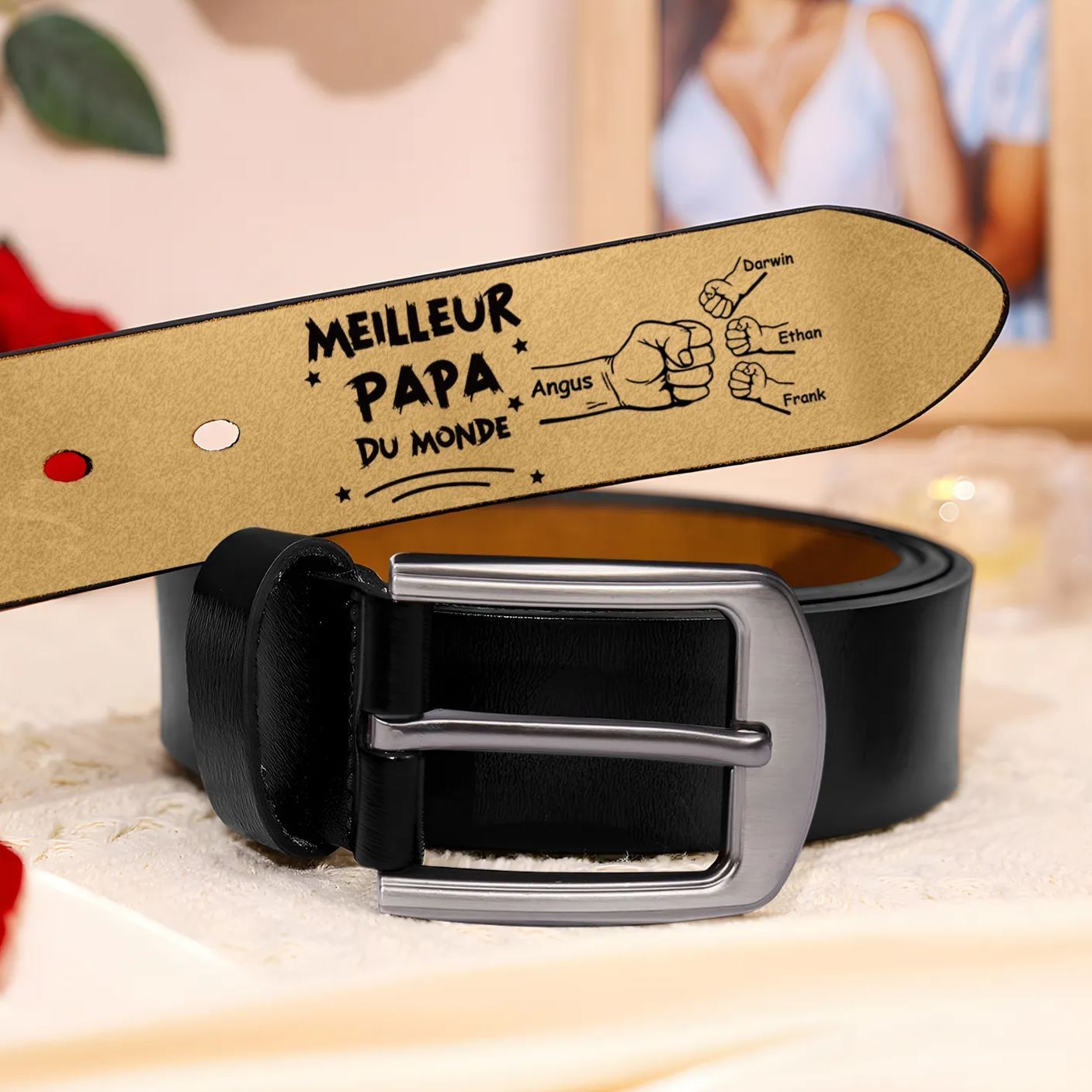 À mon Papa - Ceinture Poing en Cuir Personnalisé avec 4 Prénoms Meilleur Papa du Monde Cadeau pour Homme | Jessemade
