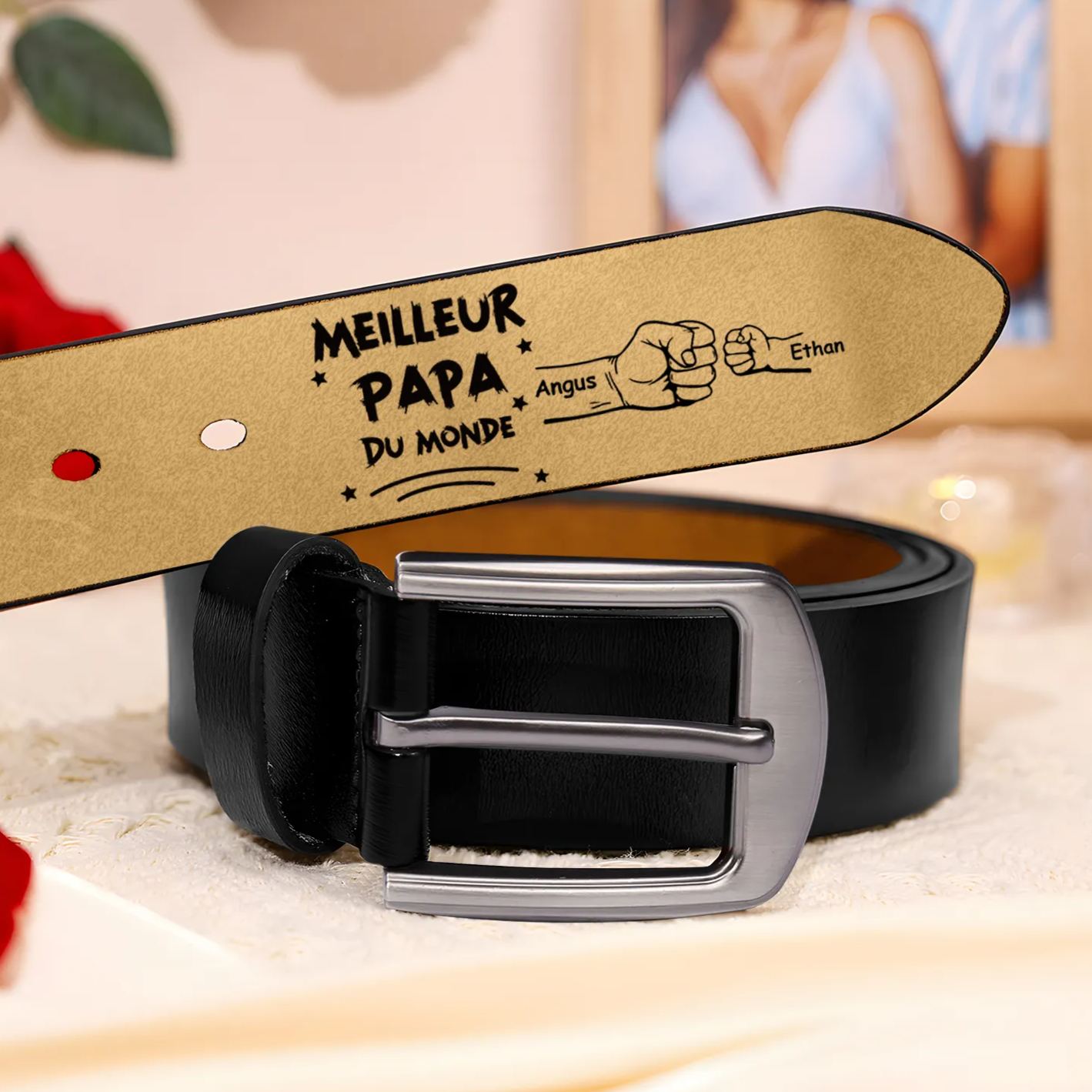 À mon Papa - Ceinture Poing en Cuir Personnalisé avec 2 Prénoms Meilleur Papa du Monde Cadeau pour Homme | Jessemade