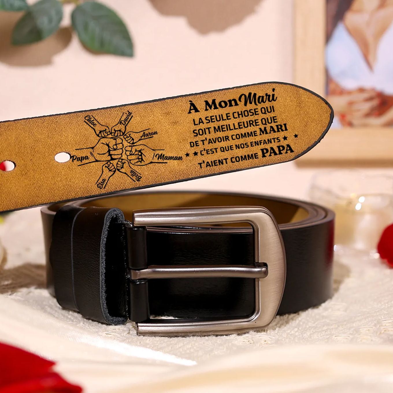 À mon Mari - Ceinture Poing en Cuir Personnalisé avec 7 Prénoms Cadeau pour Homme | Jessemade