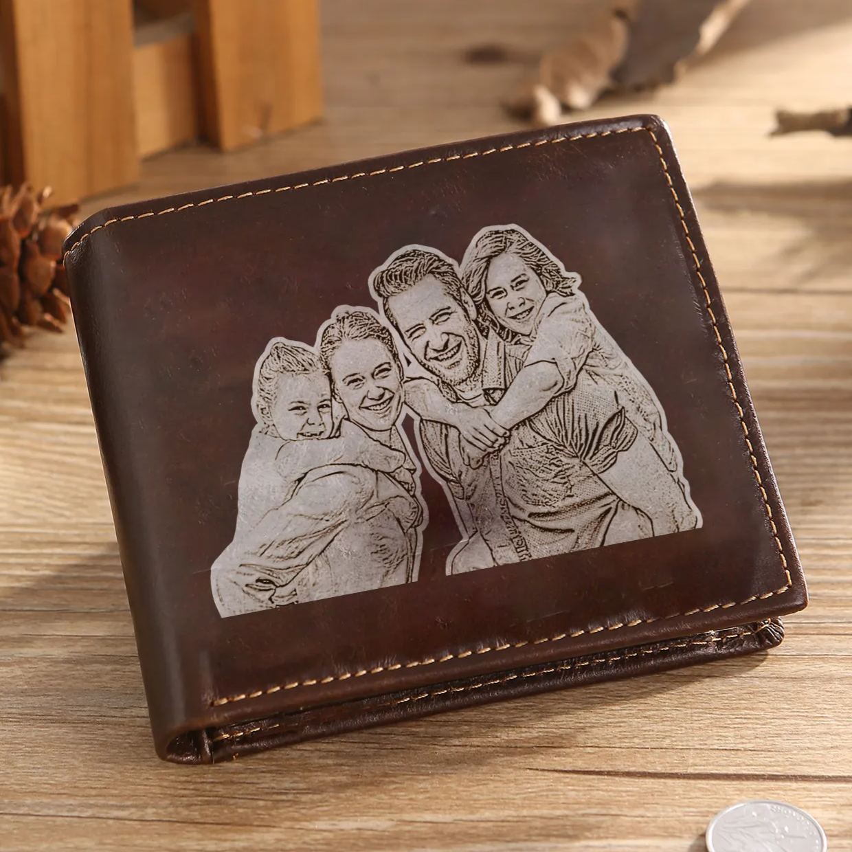 Portefeuille Classique en Cuir Véritable Prénom et Lettre Personnalisés avec Photo Porte-Monnaie Carte avec protection rfid pour Homme | Jessemade