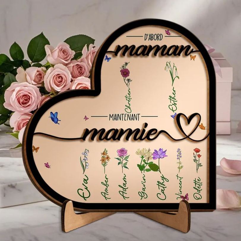 Plaque Cœur en Bois 1-10 Prénoms Personnalisés Décoration de Maison Cadeau pour Mamie | Jessemade