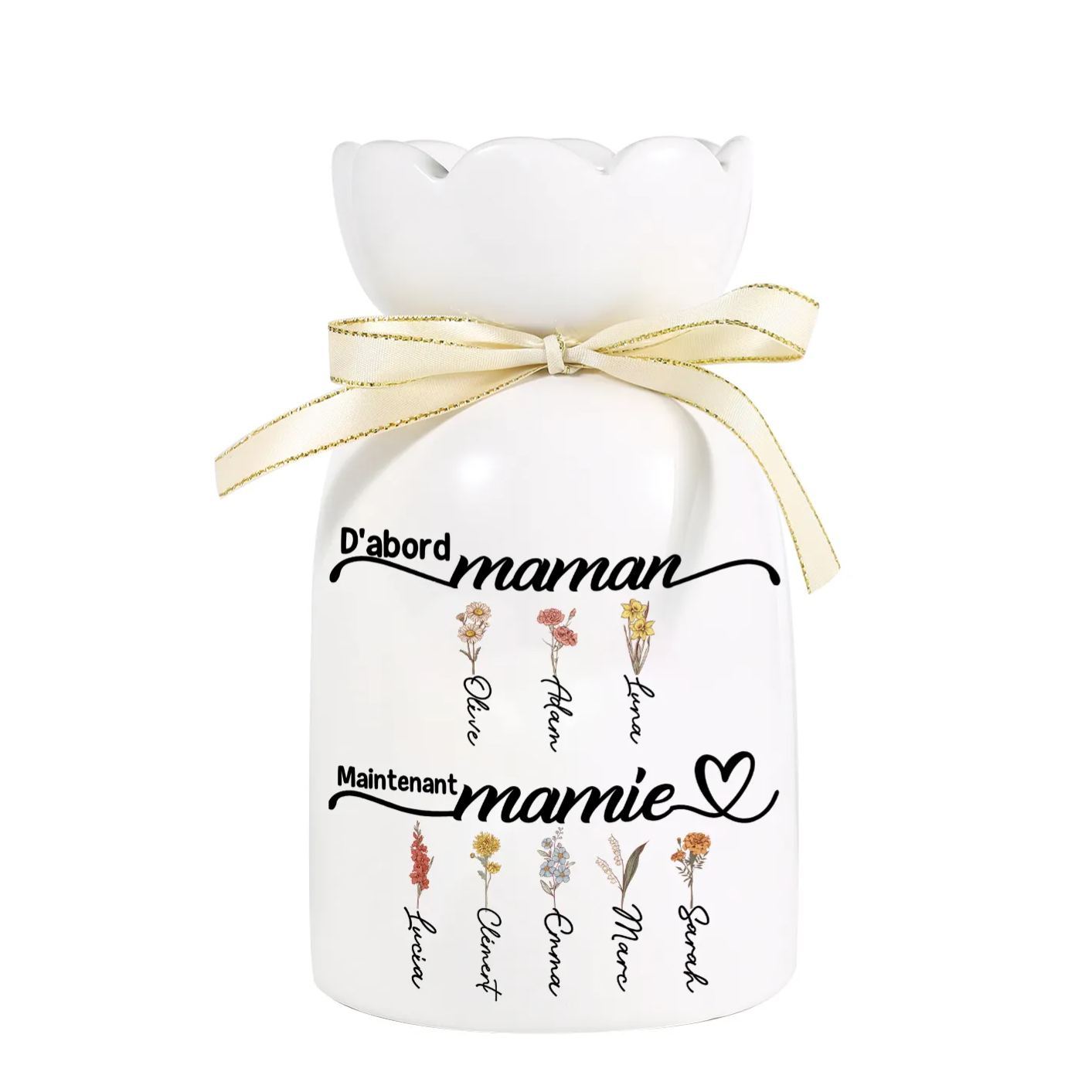 À Maman - Vase à Fleurs Personnalisé 4 Prénoms Vase Céramique Roses et Cœur Décoration de la Maison (sans plantes) | Jessemade