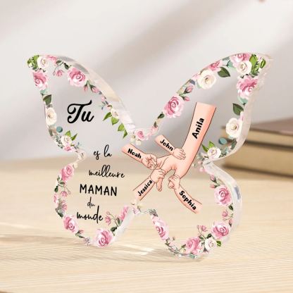 À ma Maman - Plaque Acrylique 5 Prénoms Personnalisés Décoration la Main dans la Main en forme de Papillon | Jessemade