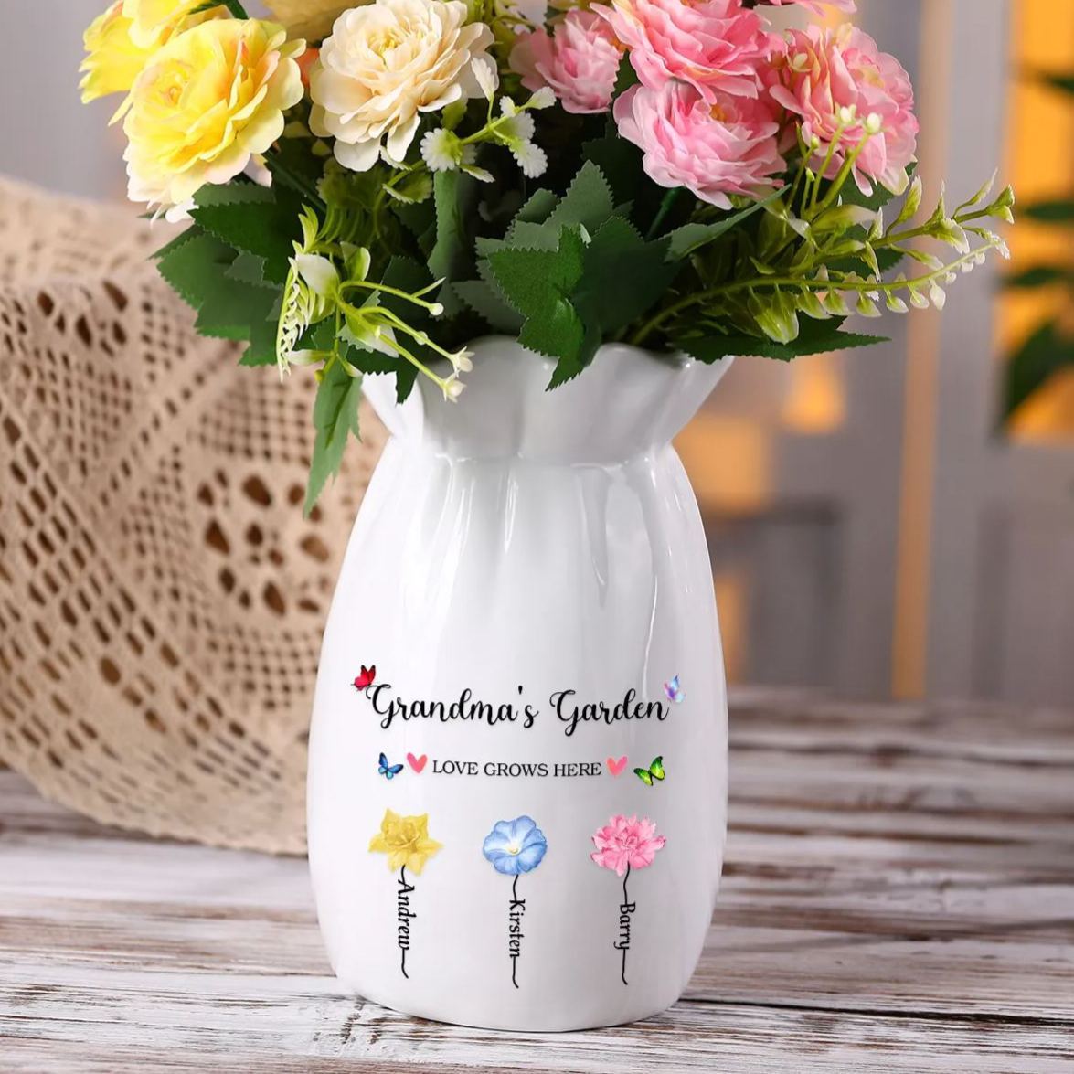 À Maman - Vase à Fleurs Personnalisé avec 21-6 prénoms et fleurs de naissance (sans plantes) | Jessemade