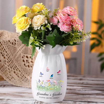 À Maman/Mamie - Vase en Céramique Personnalisés avec 2-6 Prénoms et 2 Textes Vase 4 Motif Papillons Colorés (sans fleurs) | Jessemade