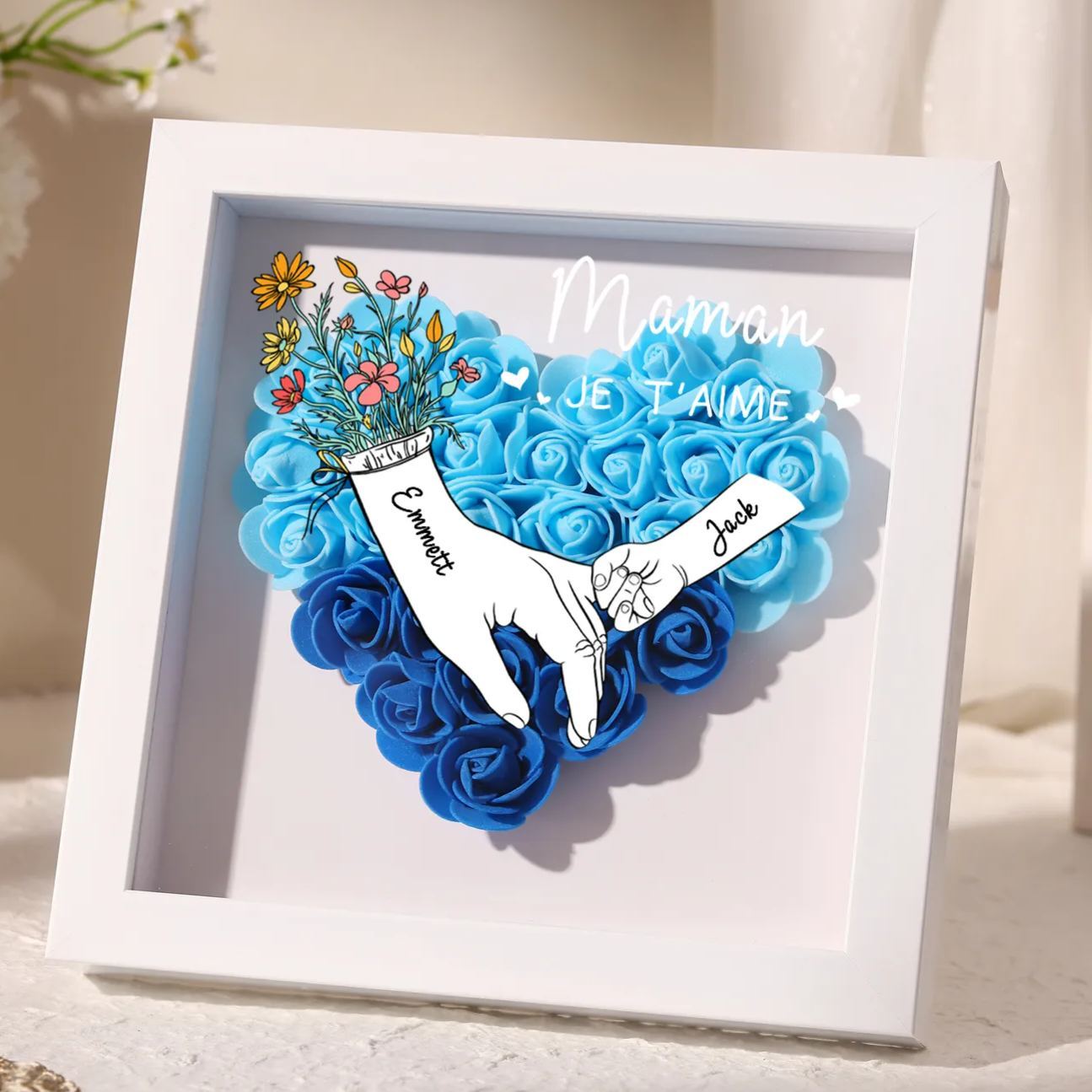 À ma Maman - Cadre photo Panneau de densité la main dans la main 2 Prénoms et 1 Texte Personnalisés Ornements Floral pour Famille