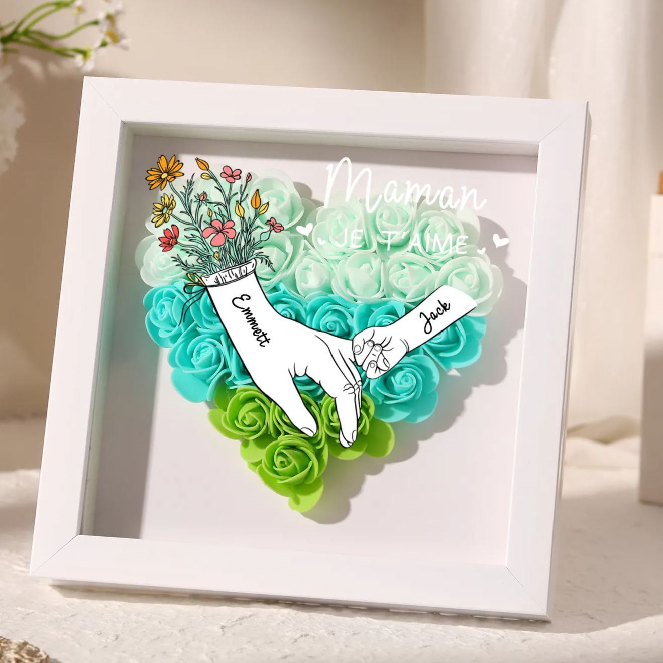 À ma Maman - Cadre photo Panneau de densité la main dans la main 2 Prénoms et 1 Texte Personnalisés Ornements Floral pour Famille